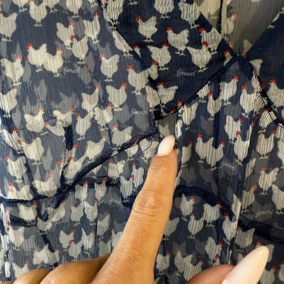 Fiorucci Novelty Chicken Print Sheer Silk Dress Puff Sleeves Tiered Size 8 READ - Picture 12 of 16